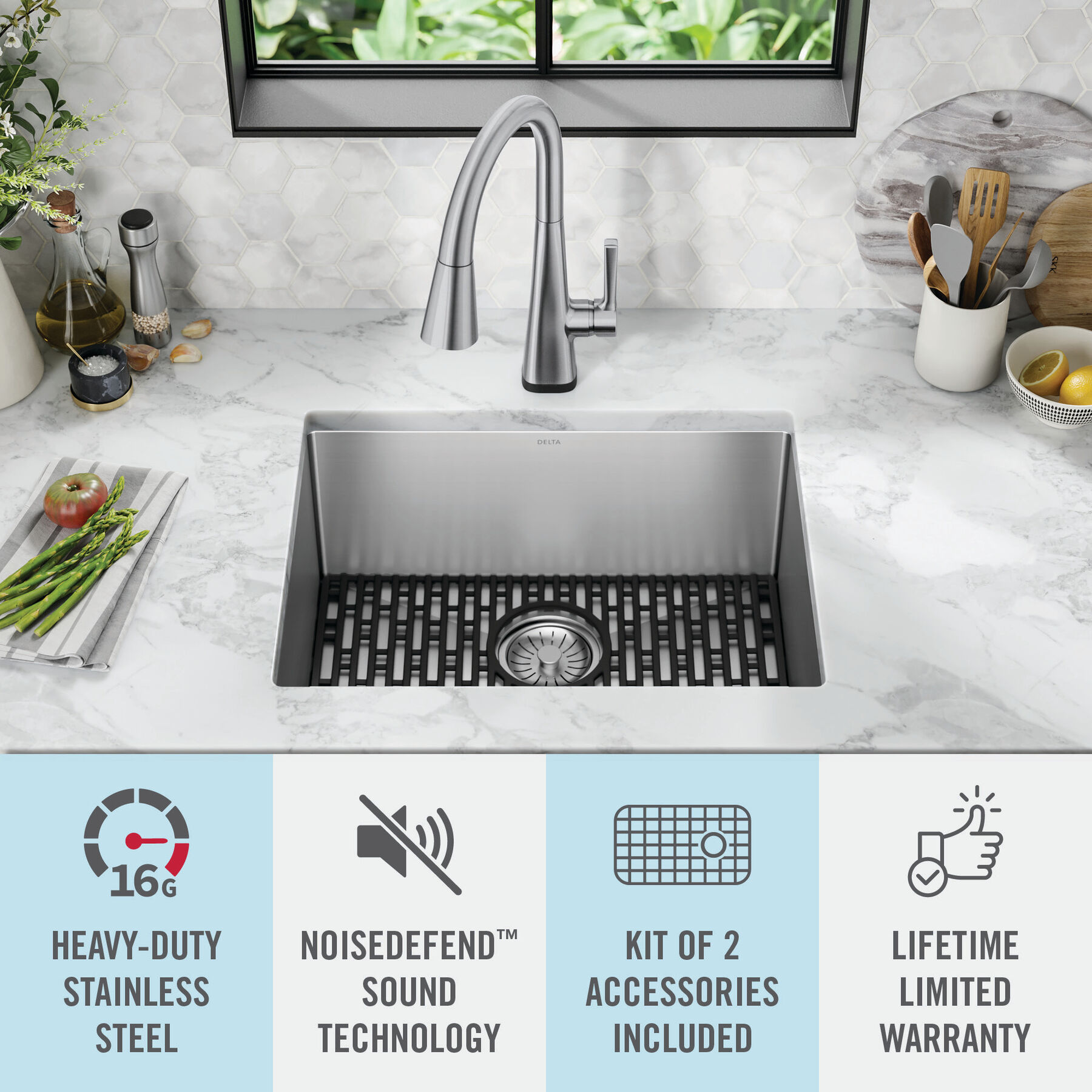 Lavabo de cocina con un receptáculo de acero inoxidable de 23" de montaje bajo encimera con accesorios, imagen 15